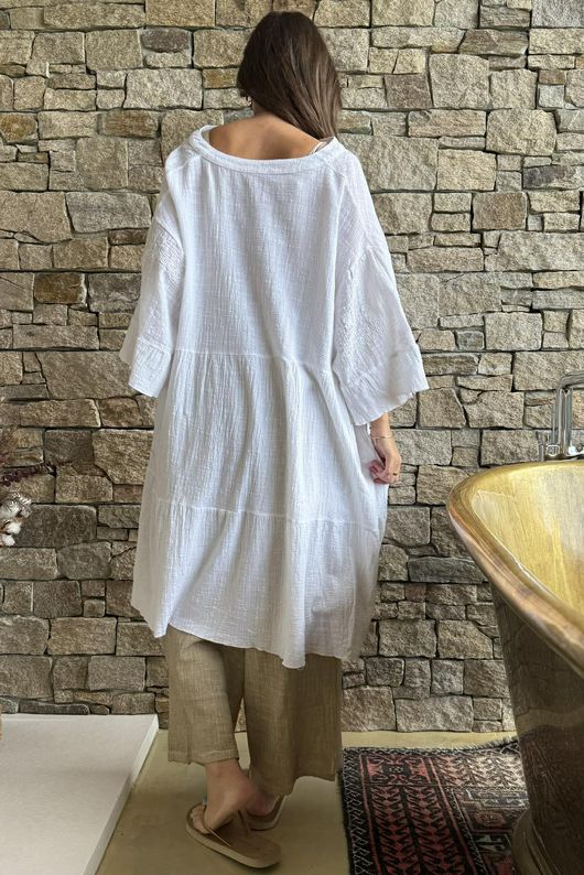 Loom & Thread Embroidered Tiered Smock Dress White